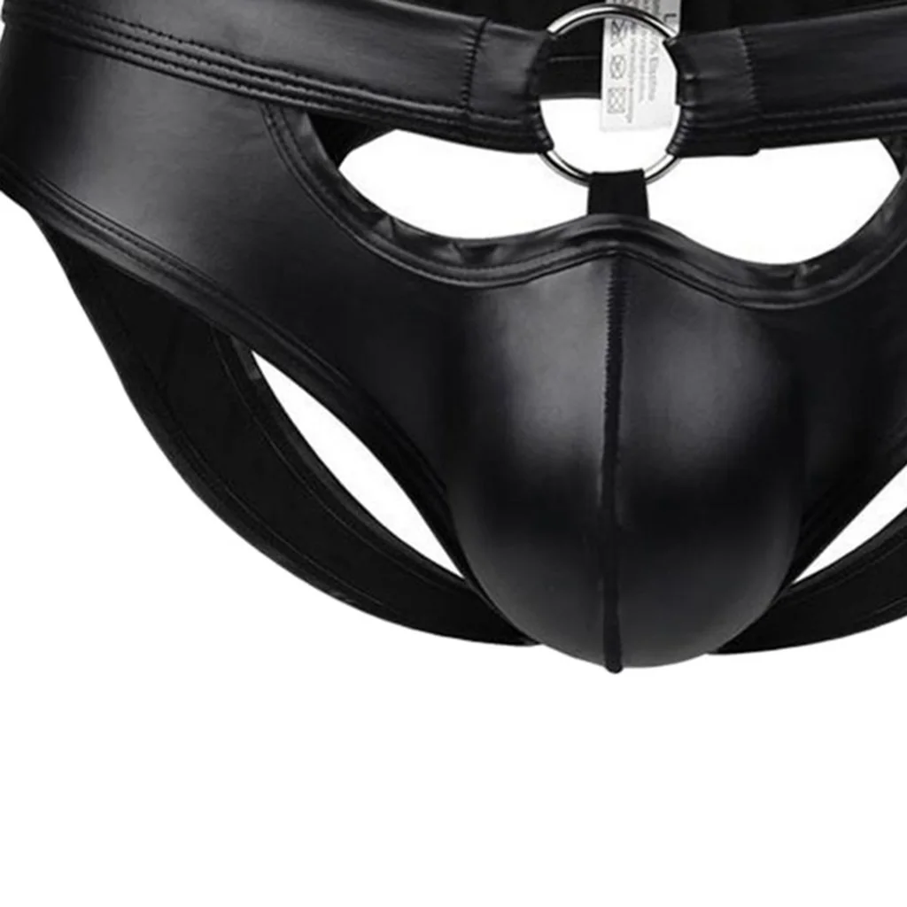 Sexy Men PU Leather Briefs Bulge Pouch Erotic Low Waist Open Butt Bikini Jockstrap Underpants Nightwear