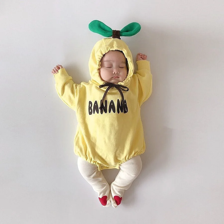 Детский комбинезон для новорожденных мальчиков и девочек с фруктами, милый оранжевый комбинезон с бананом, весенне-осенняя одежда с капюшоном и длинными рукавами