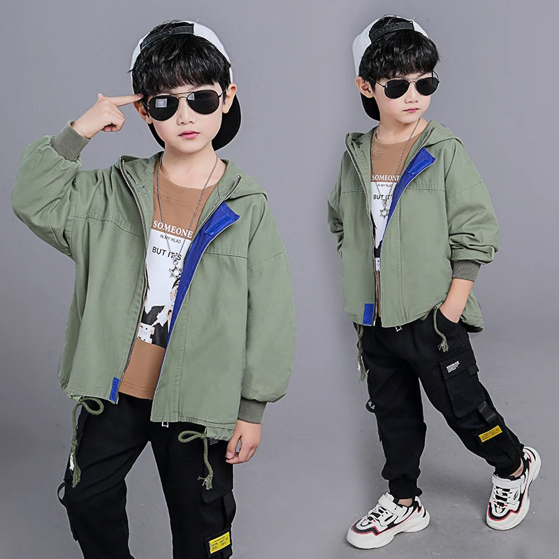 

2019 Fashion Printing Letter Solid Color Windbreaker Coats Kids Hooded Outwear Boys Girls Green Jacket Children High Quality