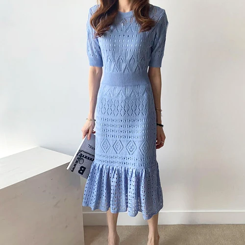 light blue dress Neploe вечерние элегантный длинный халат Карандаш платья Винтаж офисные рюшами вязаное облегающее платье Для женщин в Корейском стиле; модные перфорированные открытые туфли; Vestidos - Цвет: light blue dress