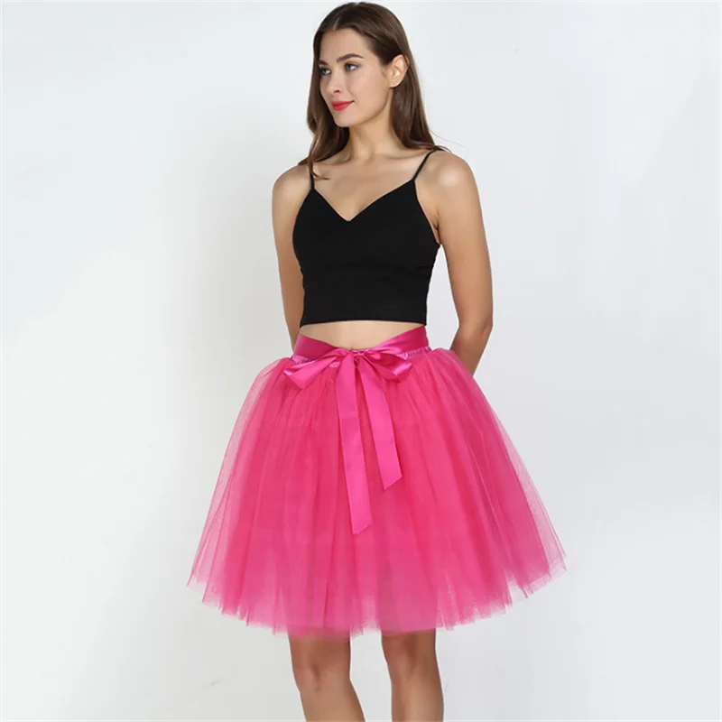 Sweet Red Bow-knot Tulle Wedding Crinoline Petticoat Women Pink Purple Swing Party Prom Mini Mesh Rockabilly Skirt Underskirt - Цвет: rose red