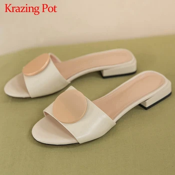 

Krazing pot full grain leather high quality peep toe low heel outside slipper young lady daily wear convenient cozy shoes L19