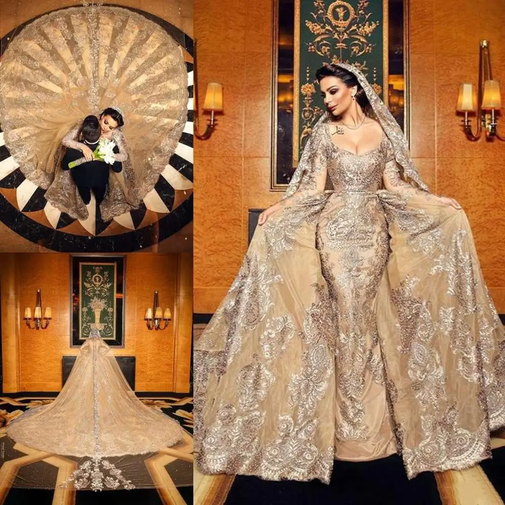 

2020 Saudi Arabic Wedding Dresses With Detachable Traain Long Sleeve Luxury Formal Bridal Gowns Sequined vestido de novia