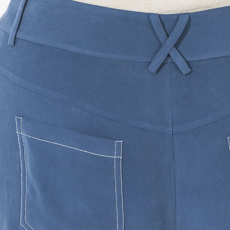 VOA Silk 30m/m Blue Trousers Fashion Street Women Pants KE3 Bright Line Decoration Loose Nine-Point Wide-leg Pant Spring 2021