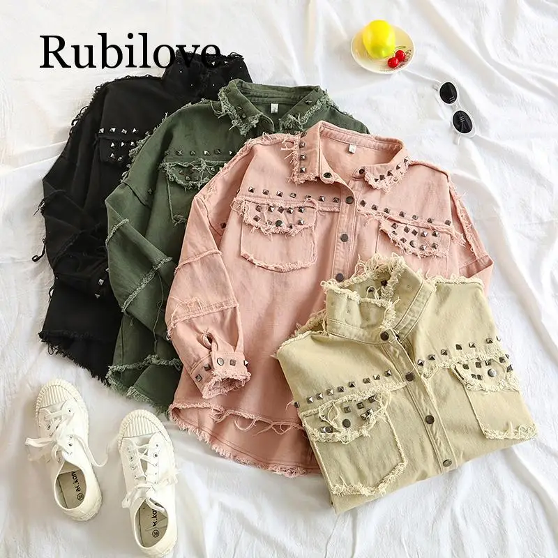 Best  Spring Studded Frayed Women's Denim Jacket Long Sleeve Women's Jackets Large Size Outerwear Irregul
