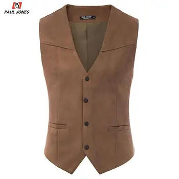 

PAUL JONES Men Faux Suede Leather Suit Vest Casual Western Waistcoat V-Neck Snap-Button Placket Sleeveless Jacket Vests PJE02026