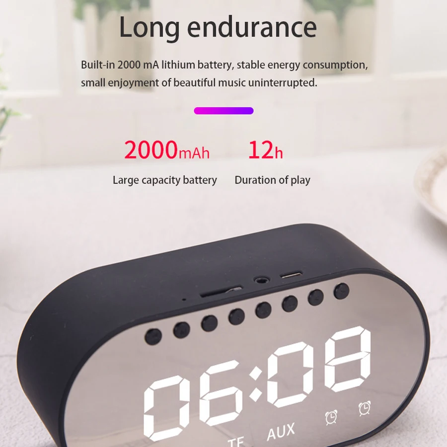 Ljowatn Bluetooth динамик с fm-радио светодиодный зеркальный будильник часы сабвуфер музыкальный плеер настольные часы беспроводные портативные