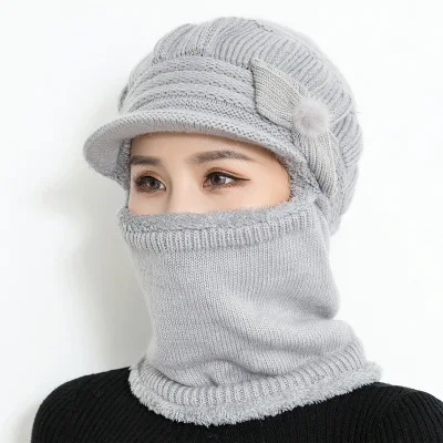 gray Seioum Женские шапочки Skullies ветрозащитный для езды маска Защита для ушей Балаклава зимние шапки для женщин Толстая теплая вязаная шапка женская Ma - Цвет: gray