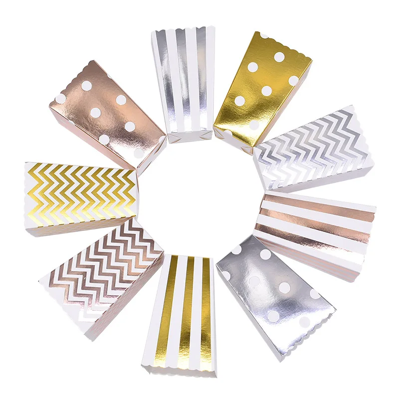 6/12pcs Rose Gold Silver Popcorn Box Candy Snacks Wave Dot Gift Box Birthday Party Wedding Party Decoration Tableware Supplies
