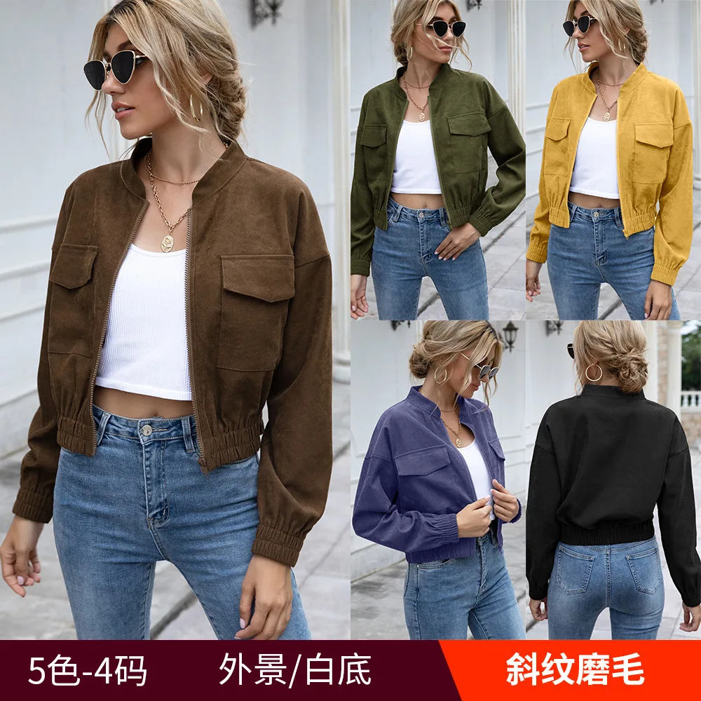 

Women fashion chic shirt jacket women fashion pocket zipper stand collar collar coat casual girl street wear woman jacket