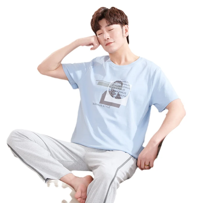 2021 Summer Short Sleeve Long Pants 100% Cotton Pajama Sets for Men Fashion Korean Sleepwear Pyjamas Homewear Night Suit Clothes cotton loungewear Pajama Sets