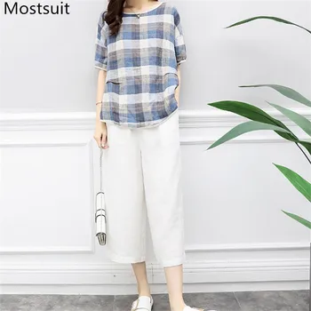 

2020 Summer Cotton Linen Casual 2 Piece Sets Women Short Sleeve Plaid Tops + Cropped Wide Leg Pants Suits Fashion Korean Sets