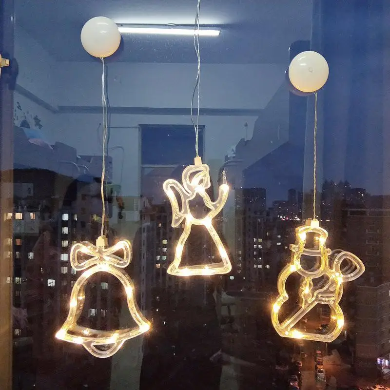Creative Christmas LED Hanging Lamp Battery Operated Bell Stars Santa Claus Shape Window Wall Decorative Light with Suction Cup | Освещение