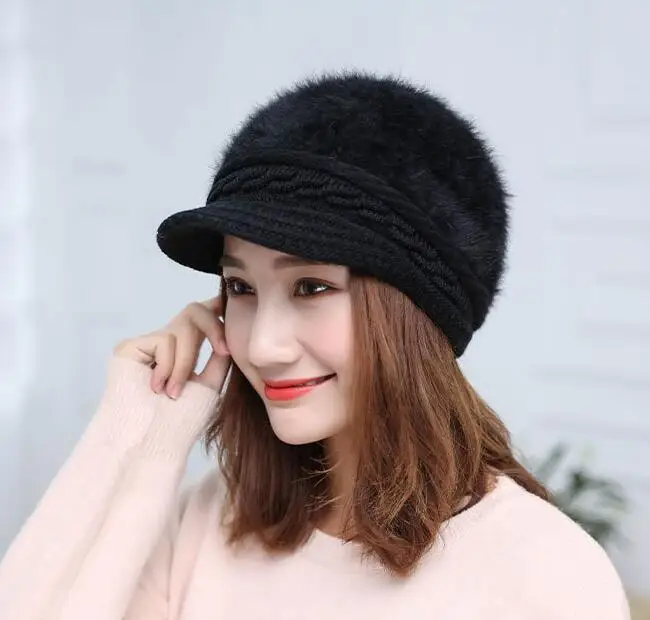 MISSKY, Женские однотонные кепки, модная теплая вязаная шапка с имитацией кроличьей шерсти для зимы