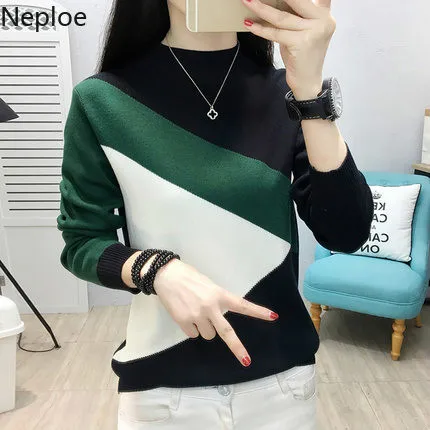 

Neploe 2019 Autumn Winter Knit Pullover Sweater Korean Contrast Color Half Turtleneck Pull Jumpers Women Top Sweaters 54685