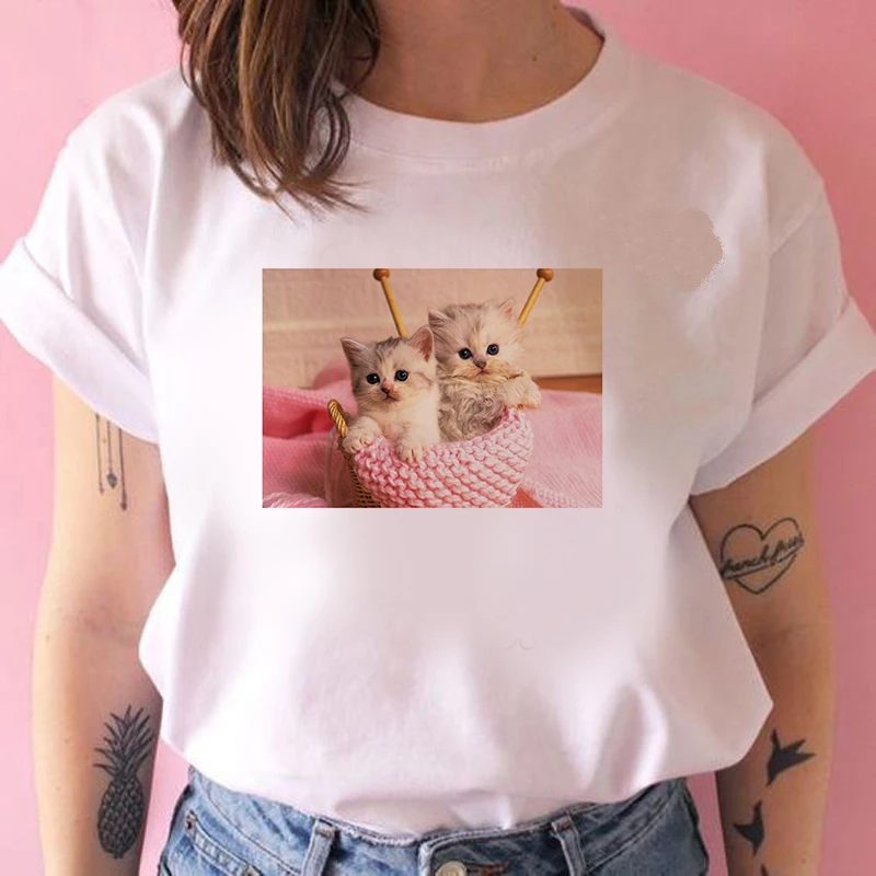 Summer Casual Women T shirts Lovely dogs and cats Printed Fashion clothing Harajuku Casual Korean Style Tops female Tee