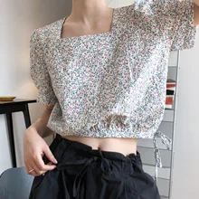 

Fashion Small Crushed Flower Short-sleeved T-Shirt Women's Summer New Korean Version of The Short High-waist Bubble Sleeves Top