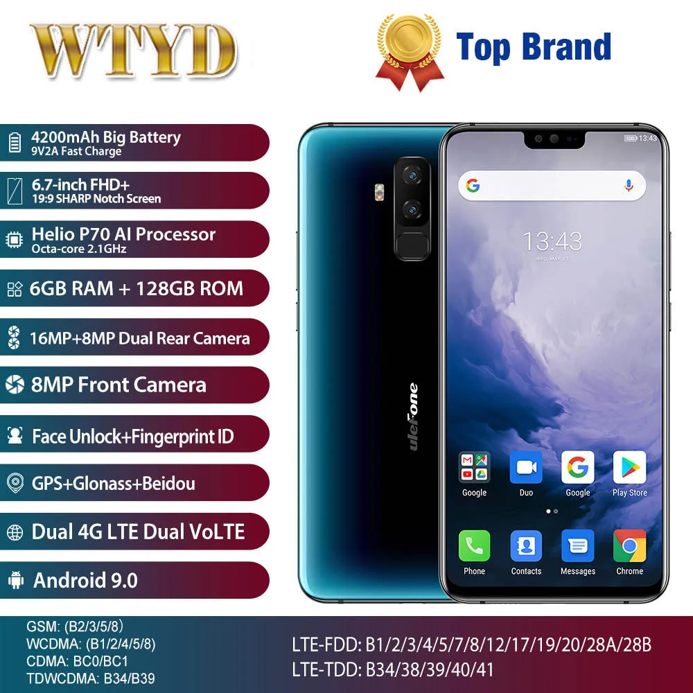 

Ulefone T2 6GB+128GB Helio P70 Android 9.0 Global Band 4G Mobile Phone 6.7'' 4200mhA Face ID NFC Wireless Charging Smartphone