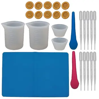 

27Pc Reusable Silicone Resin Kit Nonstick Silicone Mat 100ml Measuring Cups Finger Cots Resin Mix Cup Stir Stick Pipette