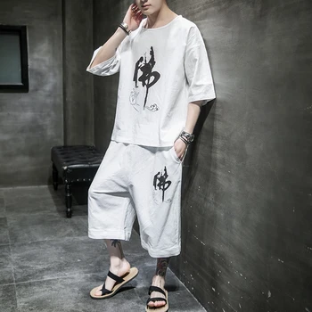 

M-5XL New Summer Men Loose Cotton Linen Two-Piece Set Clothing Chinese Style Suits Outerwear Fashion Casual Loose Male Suits 4XL