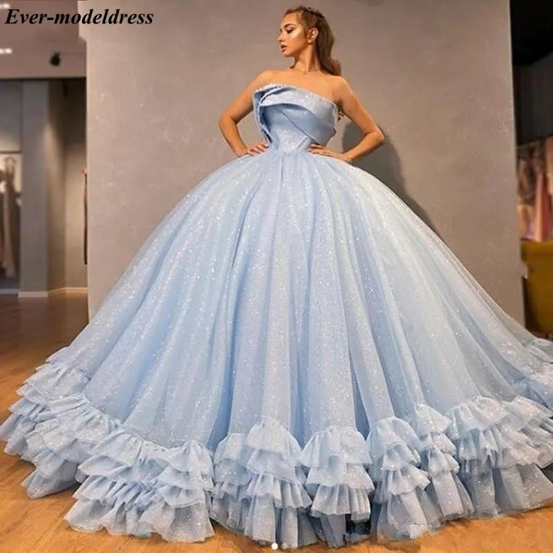 Светильник бальное платье принцессы голубого цвета без бретелек с корсетом на спине, блестящее милое платье 16, платья для дня рождения