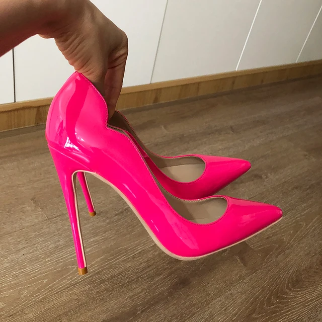 Veowalk Pink Curl Upper Women Patent Pointed Toe Stiletto High Heels Sexy Ladies Party Dress Shoes Club Dance Pumps Plus Size 3