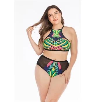 

2020 New Plus Size Bikini Set Women Leaf Print Open Shoulder Swimsuit One Piece Swimwear Flounce High Waist Swiming Suit