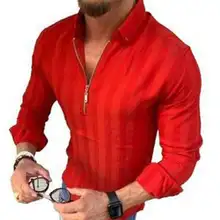 Модная Осенняя Новая мужская блузка в полоску с длинным рукавом модная рубашка на молнии с отворотом модная повседневная рубашка