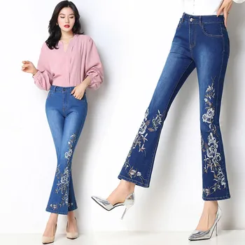 

New Women Flare Jeans Embroidered Ankle-length Bell Bottom pants High Waist Woman Dark Blue Stretch Slim Denim Pants Femme Mujer