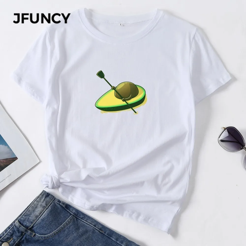 

JFUNCY Plus Size Summer Women Cotton T-shirt Vegan Avocado Cartoon Print Graphic Tee Shirts Short Sleeve Female Tops Pink Tshirt