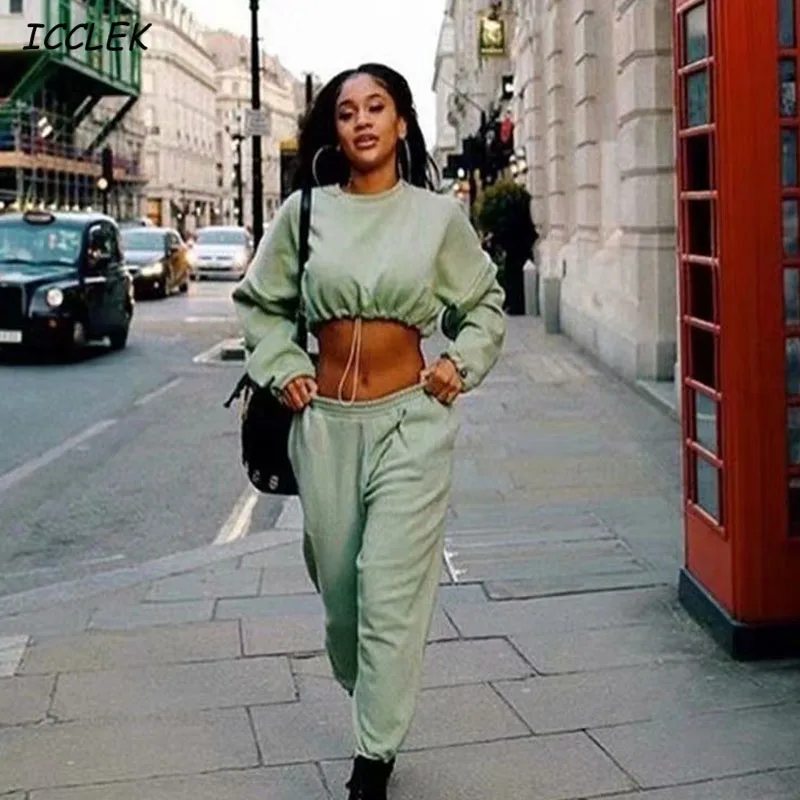 

Womens Sweatshirt Long Sleeves O-neck Crop Tops Elastic Waist Drawstring Short Pullovers Joggers Sportwear Casual ZA Autumn Tops