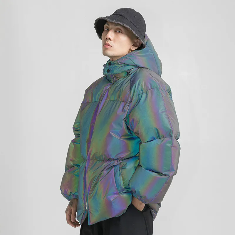 

Colorvalue Rainbow Reflective Winter Hooded Jacket Coat Men Full Zipper Windproof Hip Hop Outdoor Warm Sport Outwear M-XXL