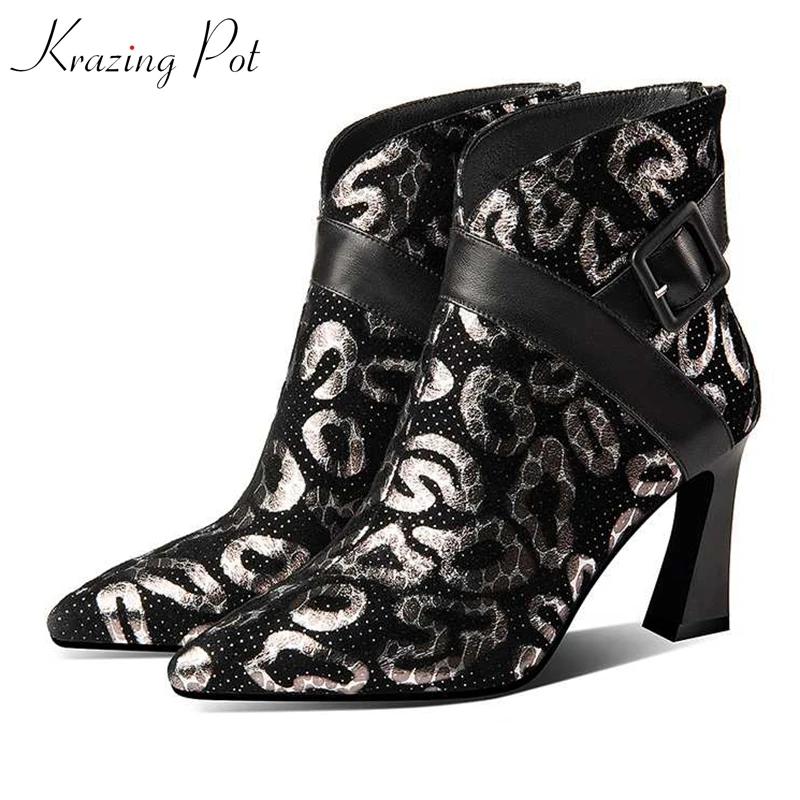 

krazing pot special sheep leather pointed toe high heel French romance runway buckle decoration patterns leather ankle boots l76