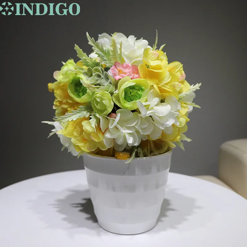 

INDIGO- 1 Set Yellow Hydrangea Ball Bonsai Flower Arrangement With Vase Wedding Bride Bouquet Party Event Free Shipping