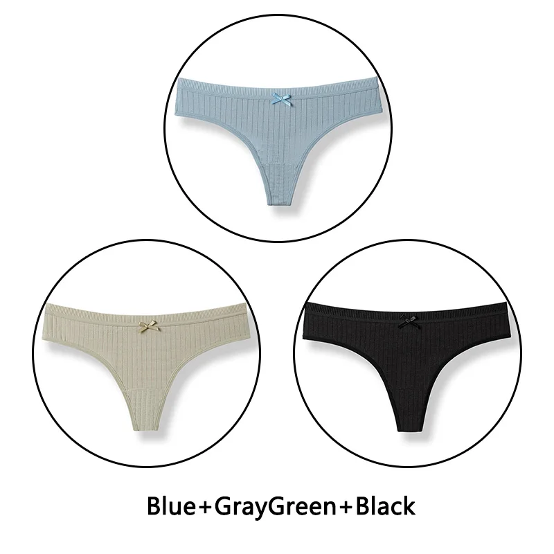 Blue GGreen Black 3 шт./партия, хлопковые стринги, женские сексуальные трусики с низкой посадкой, однотонные мягкие стринги Бесшовные нижнее белье, женское нижнее белье с бантиками, Новинка - Цвет: Blue GGreen Black