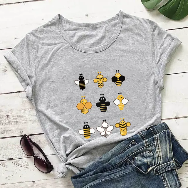 Bees Printed in Tech Style Cute Women T-Shirts