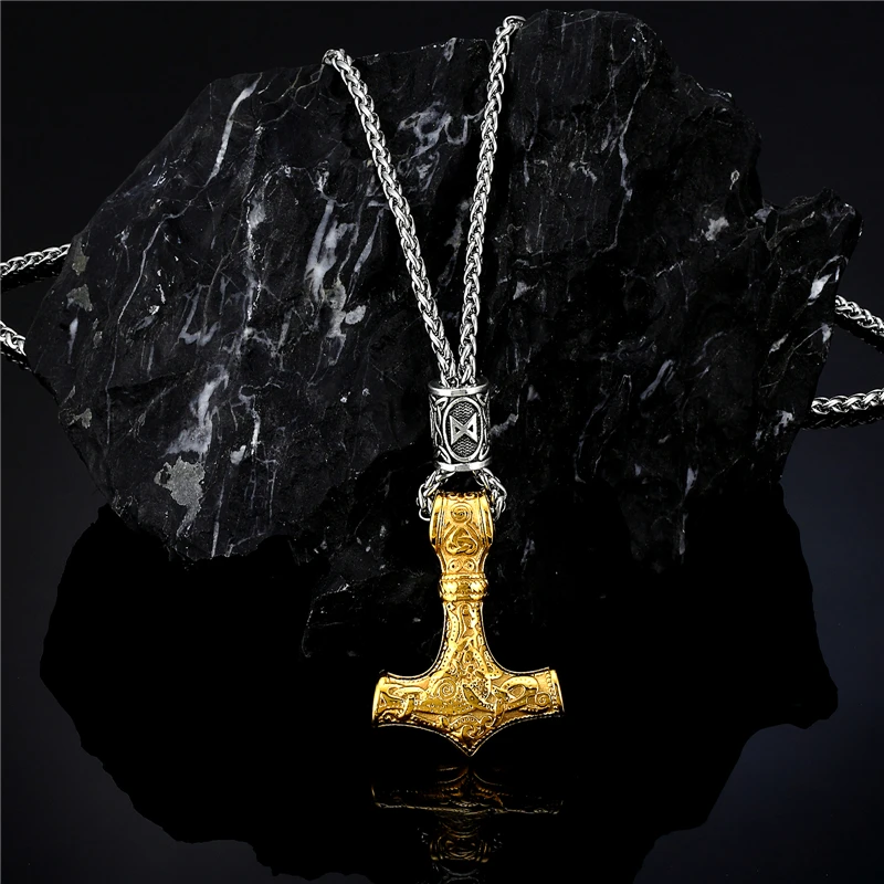 Collana Mjolnir in argento sterling o acciaio inossidabile con drago vichingo e martello di Thor - Italia