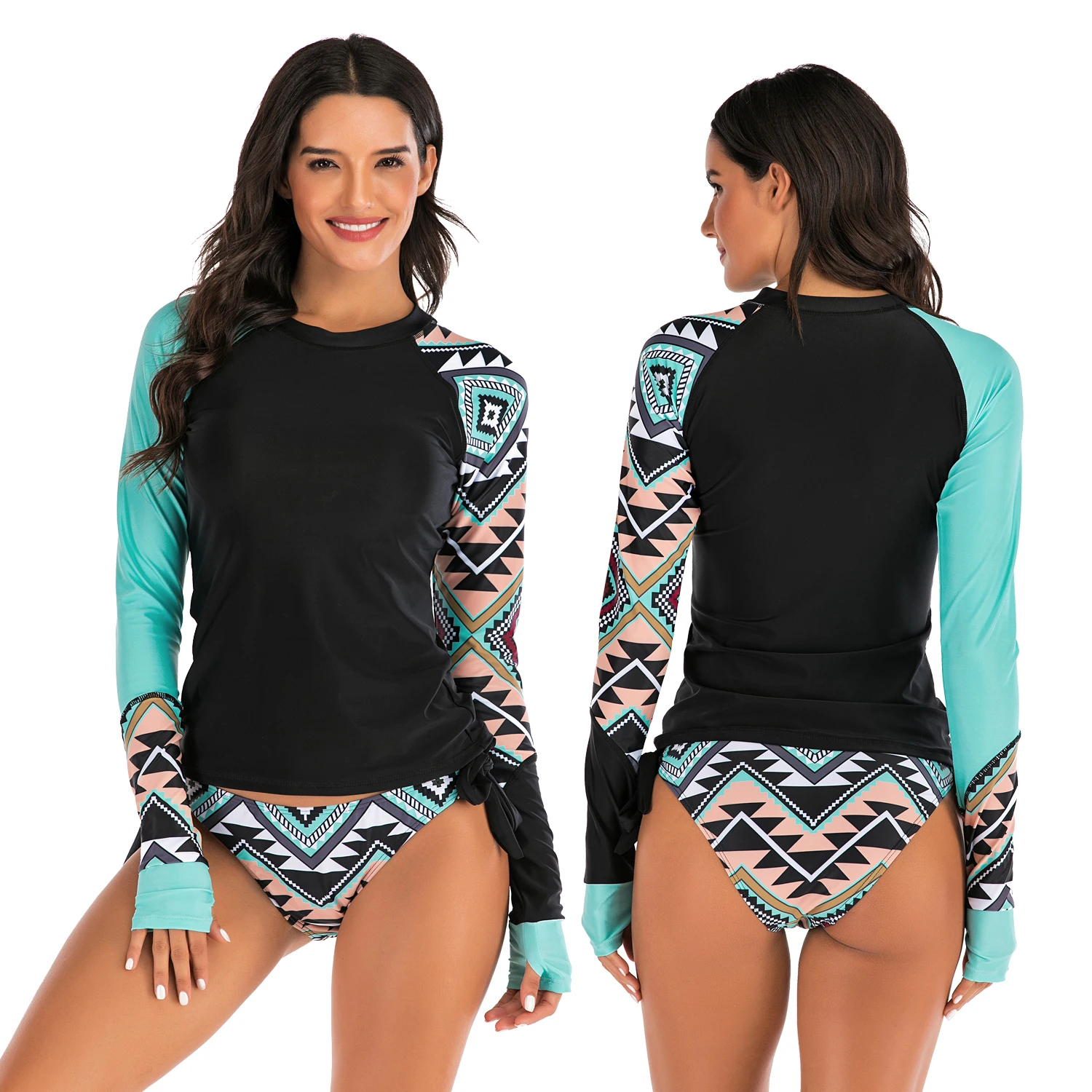 Swimwear Shirt Bathing-Suit Rashguard Surf-Top Long-Sleeve Uv-Protection Women Print