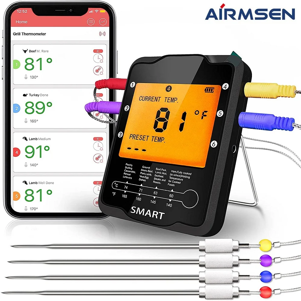 Wireless Meat Thermometer with 4 Probes, 328FT Bluetooth Meat Thermometer, Cooking  Thermometer, BBQ Grill Thermometer for Smoker, Oven, Kitchen 