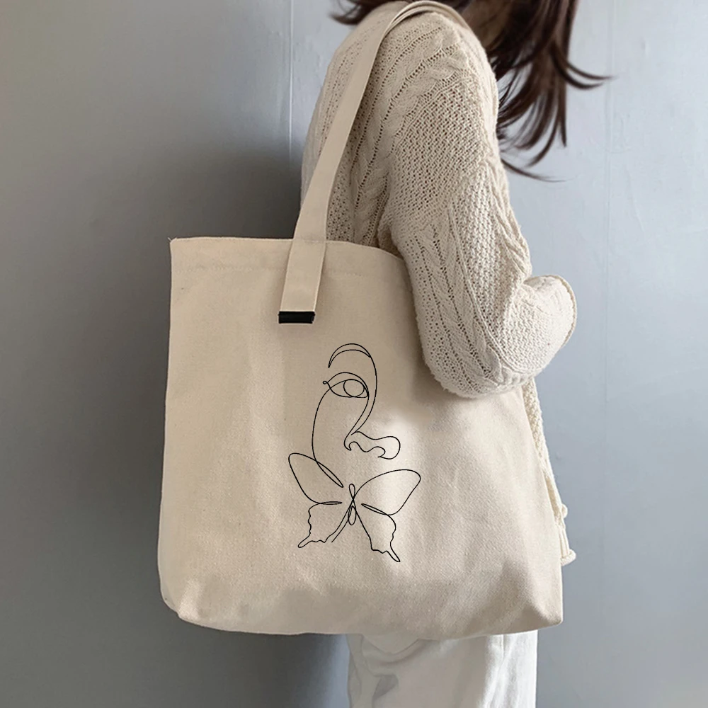Shopper Aesthetic Line Printing Female Cotton Cloth Handbag Tote Harajuku  Kawaii Reusable Shoulder Bags Kpop Women Canvas Bag|Shopping Bags| -  AliExpress