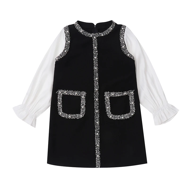 black white Весенне-осеннее платье для девочек; vestidos; детское платье; детская брендовая одежда; Модная одежда с жемчужинами и карманами; с цветочным узором; с манжетами; для детей от 4 до 12 лет - Цвет: black white