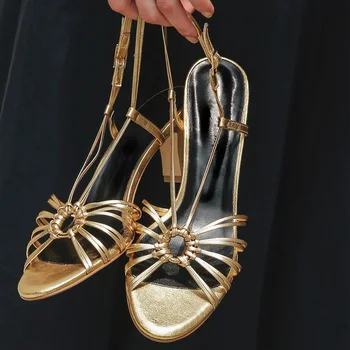 

MEZEREON Summer Sandals Elegant Simple Shoes Open Toe Women's Pumps Fashion Party Shoes Ladies Retro Sandals Gold White