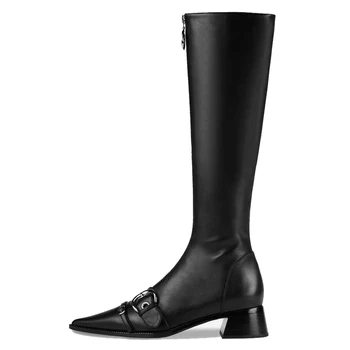 

Women Sexy Tall Boots Woman's Buckle Punk Knee High Long Boots Genuine Leather Pigskin Motorcycle Pointed Toe Zip Boots