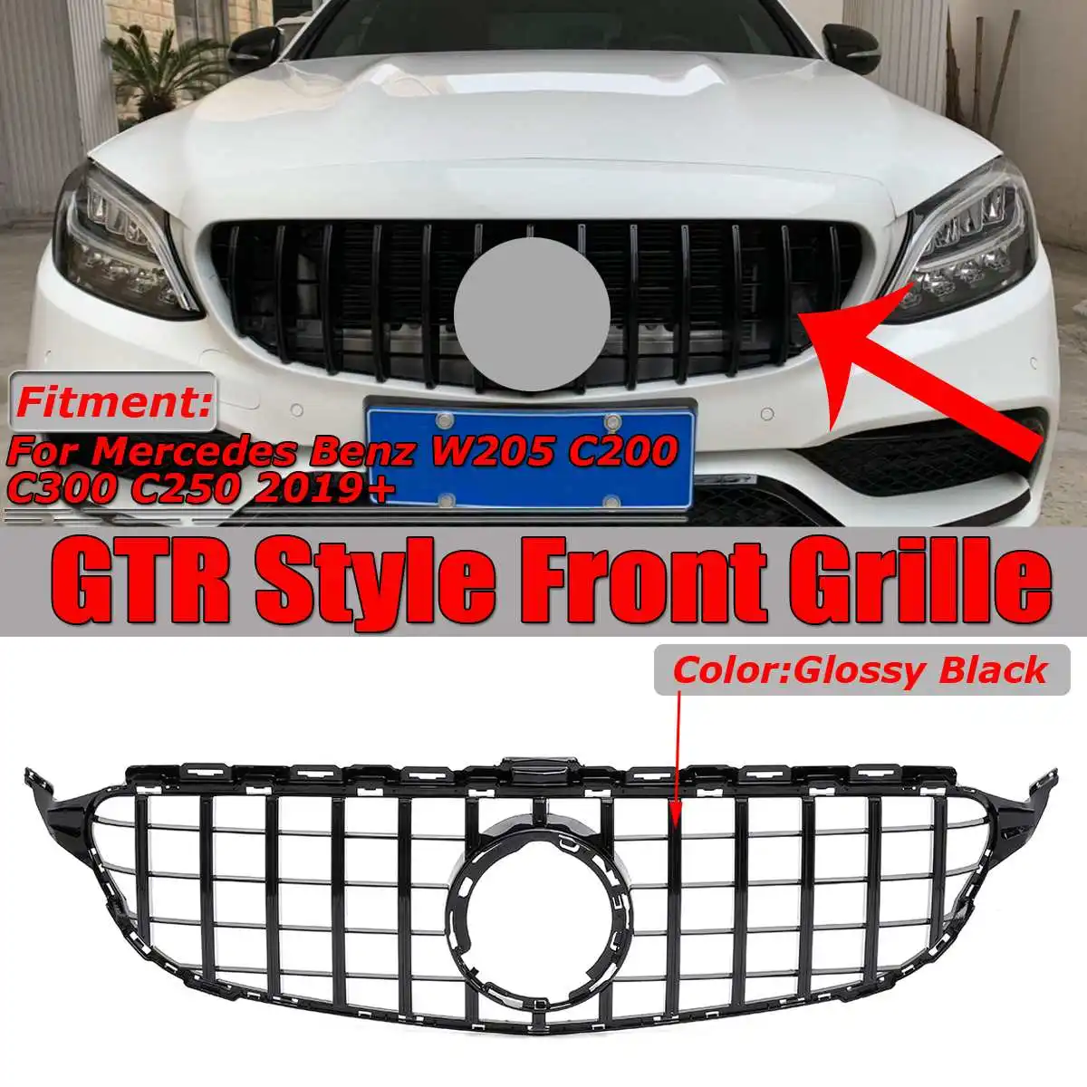 

New W205 GTR GT Style Car Front Bumper Grill Grille For Mercedes For Benz W205 C200 C300 C250 2019+ Without Camera Black/Chrome