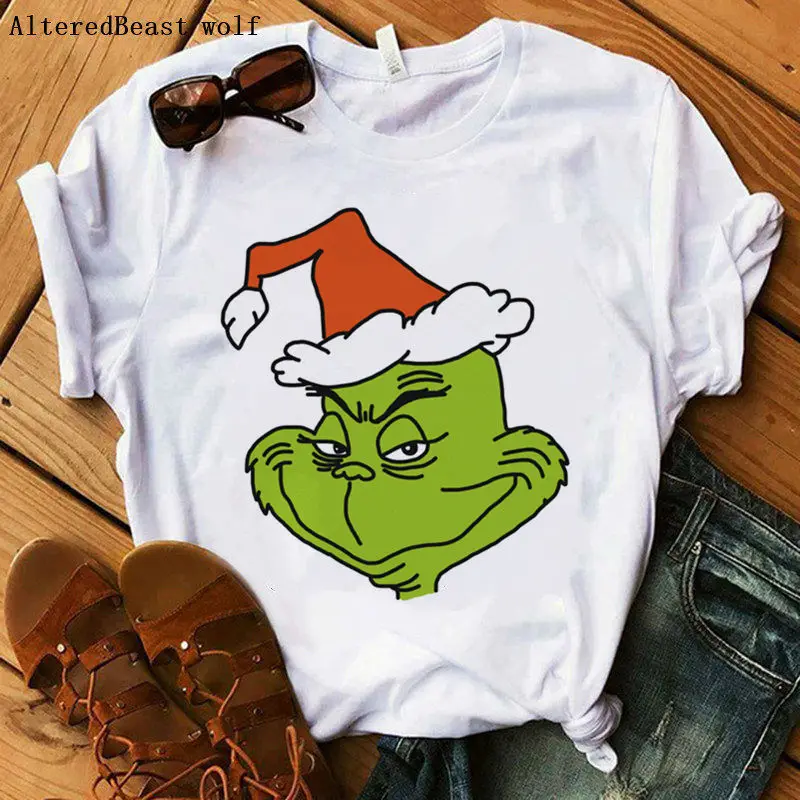 as picture Мой день! Футболка Grinch с забавным принтом, женские милые рождественские Топы с коротким рукавом, повседневная женская белая винтажная одежда harajuku - Цвет: as picture