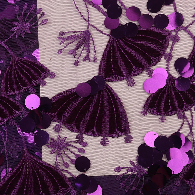 Purple Color Korea Italian African Pakistan Upholstery Embroidery Polyester Dress Price Glitter Velvet Large Sequin Lace Fabric