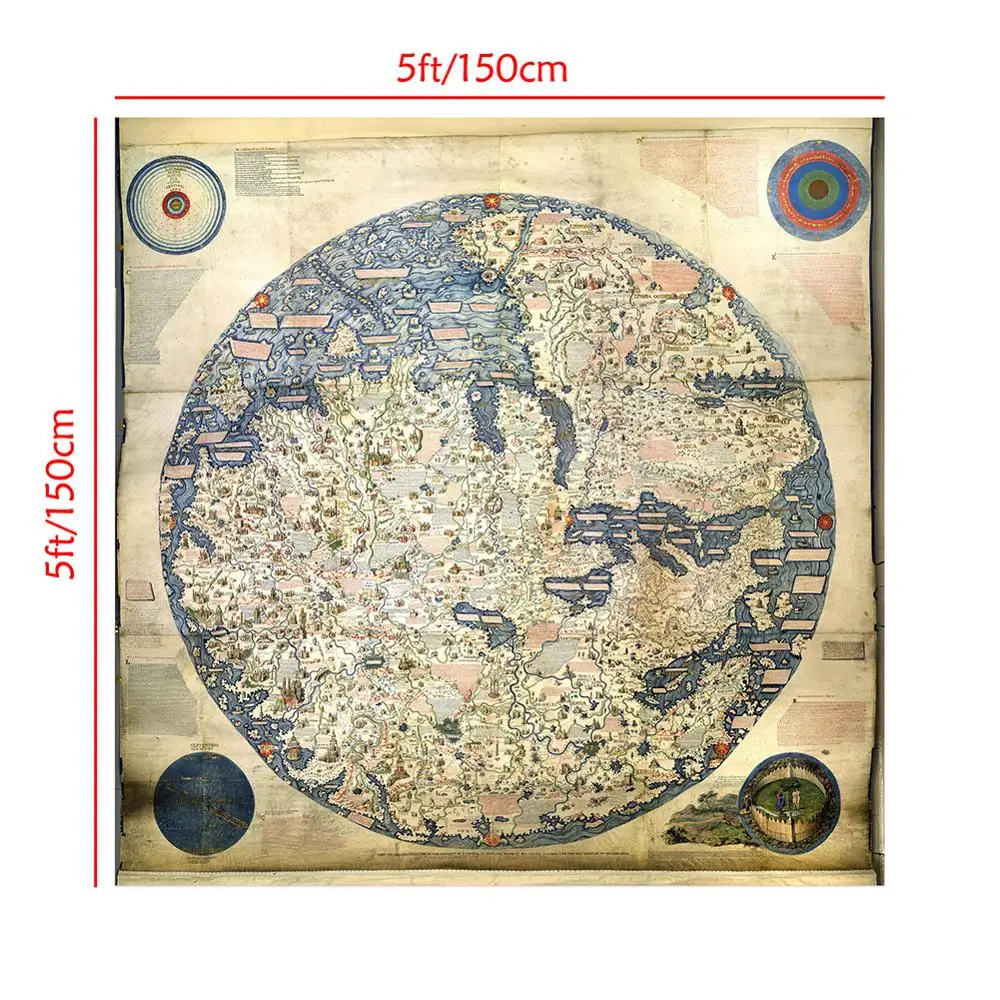 Средневековая Азия и Европа карта 150x150 см винтажная Нетканая Водонепроницаемая