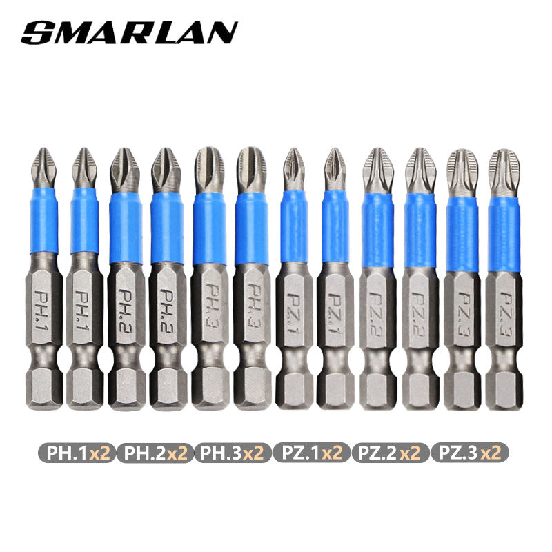 Smarlan 12pcs Anti Non-slip Screwdriver Bit Set S2 Alloy Steel Screwdriver Magnetic Electric Impact 50mm Ph1/ph2/ph3/pz1/pz2/pz3 - Screwdriver