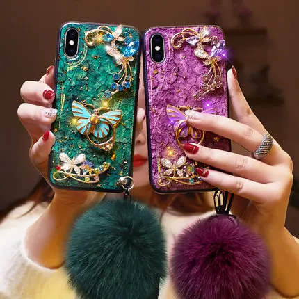 

For iphone 11 Pro MAX X XS MAX XR 8 7 6 6S PLUS Case Butterfly Bling Diamond Ring Bracket Warm Fluffy Ball Wrist Strap Anti-fall