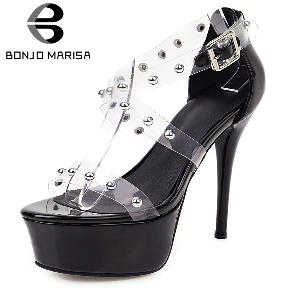 

BONJOMARISA Ins Hot Fashion Lady Summer Sandals Platform Rivet Buckle High Heel Sandals Women 2020 Dress Party Shoes Woman